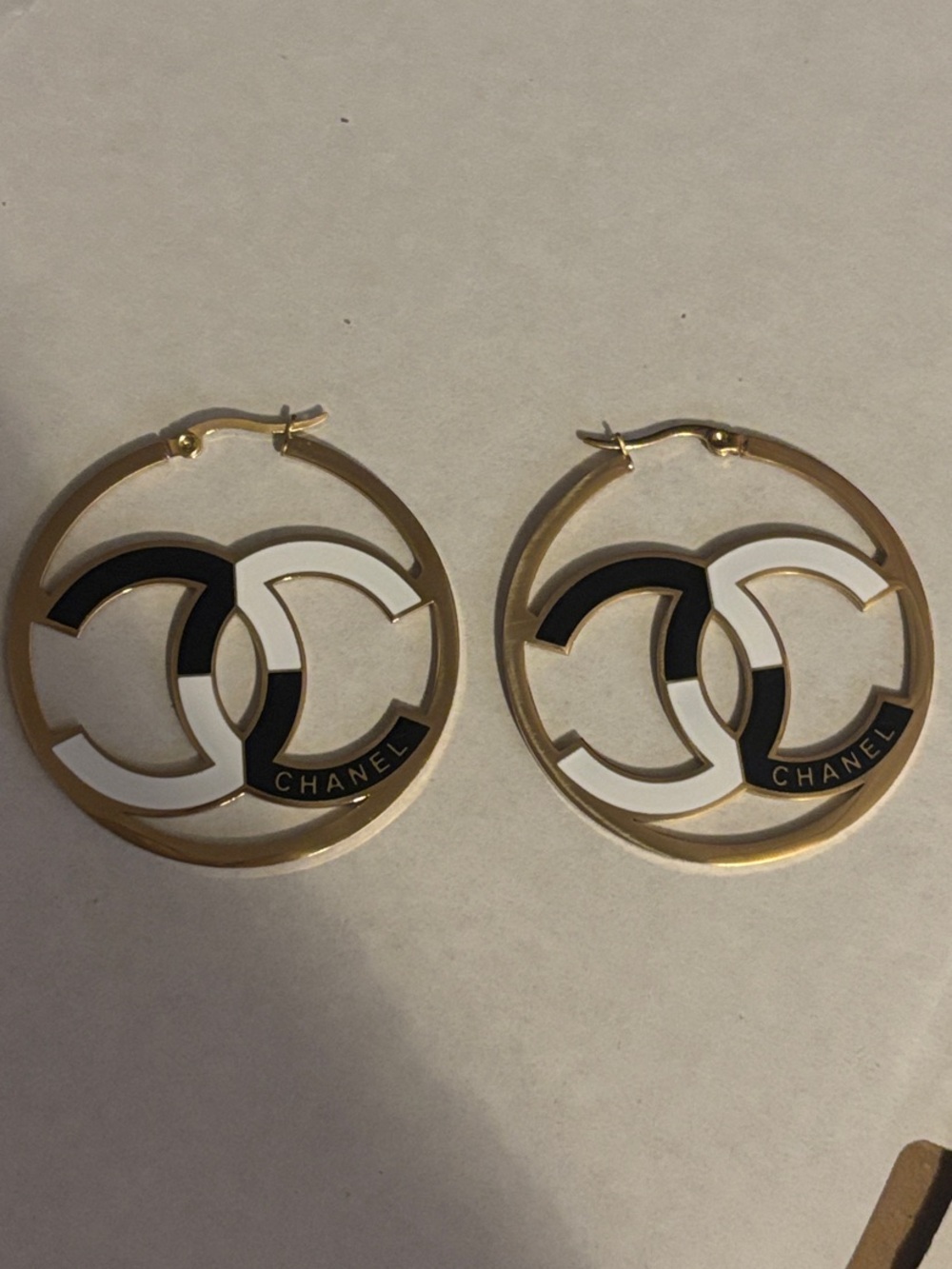 Gold Tone Hoop Earrings with Black & White Interlocking CC